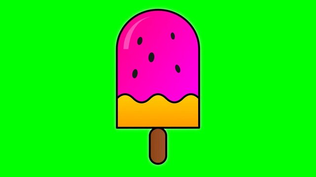 Cartoon Style Pink and Orange Watermelon Popsicle Illustration with Black Seeds on a Green Screen Background, Summer Frozen Treat Icon