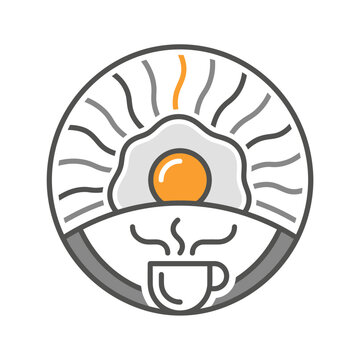 Stylized breakfast icon with fried egg sun and coffee