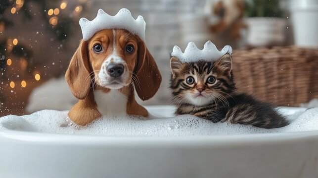 Festive pets in a soapy bath