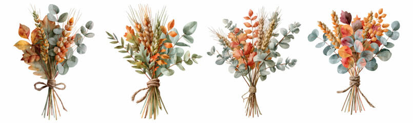 Watercolor autumn bouquets of fall foliage, eucalyptus leaves, and wheat, tied together, creating a collection of rustic seasonal harvest arrangements on a white background © Mari