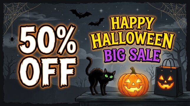 Spooky halloween sale banner 50 off deals on costumes decorations and treats for a frightfully fun october 31st celebration