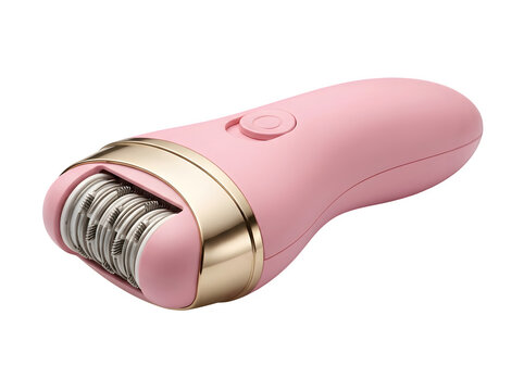 A light pink electric epilator with a gold rim and metal tweezers, isolated on a solid black background, for hair removal, and grooming isolated on a transparent background