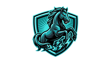 Powerful teal rearing stallion horse mascot logo on shield emblem for sports team branding or e-sports gaming mascot design © XsDax