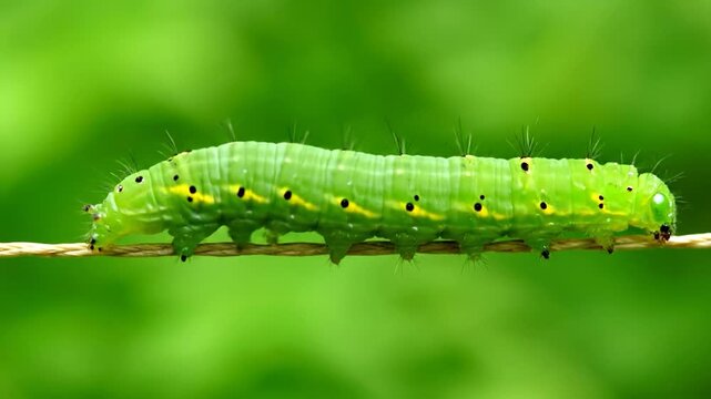 Vibrant green caterpillar crawling on a thin string in nature