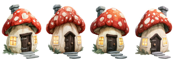 Obraz premium Fantasy mushroom houses in a row with glowing yellow windows and red spotted caps, creating a whimsical fairytale village theme on a white background