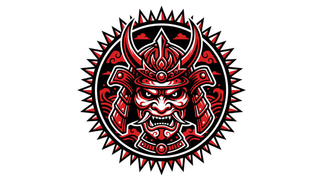 Fierce red samurai warrior mask emblem illustration.