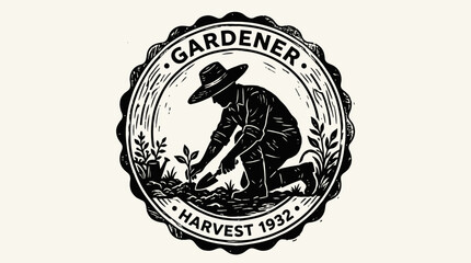 Vintage style circular emblem featuring a gardener planting seeds.