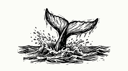 Hand drawn illustration of a whale tail splashing in the ocean. © Pidi