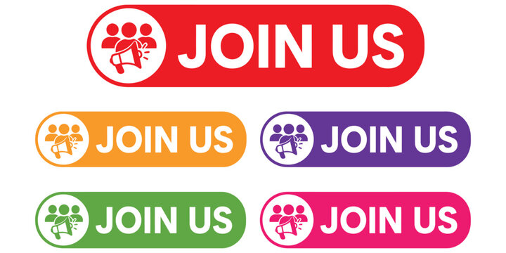 Set of colorful join us buttons with megaphone icon for website and social media marketing.