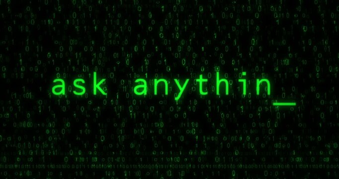 Ask anything service artificial intelligence text typing on display screen. Searching with retro monitor green pixel macro view.