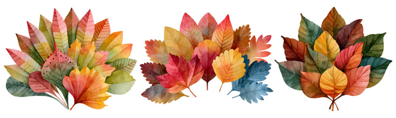 Fototapeta premium Autumn leaves arrangement watercolor artwork creating vibrant seasonal patterns and fall foliage compositions for nature inspired design elements on a white background