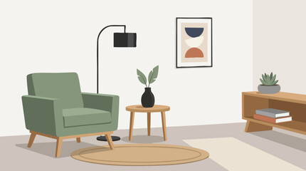 Fototapeta premium Modern minimalist living room interior with armchair, plants, and decor