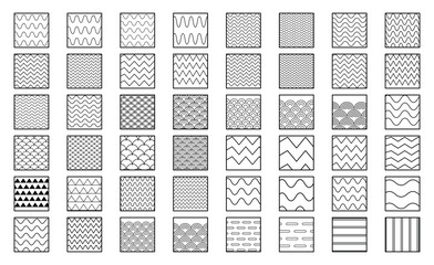 Set of 48 seamless wave, zigzag and chevron patterns with scallop and fish scale designs, black and white vector texture collection © NaeemurRahman