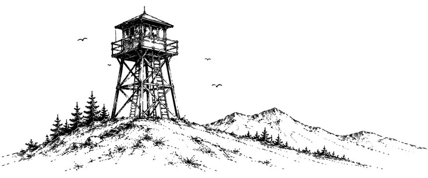 Classic engraving featuring a wooden fire lookout tower standing on a mountain ridge surrounded by pine trees and scenic wilderness.