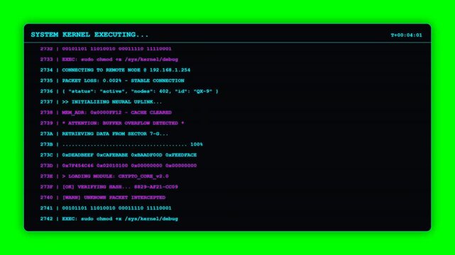 Digital Cybersecurity Hacker Terminal Interface Displaying System Kernel Logs, Data Encryption, and Network Monitoring Commands on Dark Background