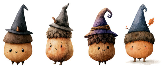 Four adorable watercolor acorn characters, each with a unique wizard or gnome hat and different expressions, portraying a whimsical autumn fantasy on a white background © Mari