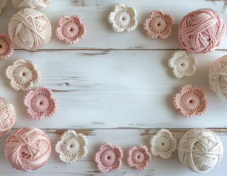 Top view flat lay of cozy handmade knitting and crochet workspace with pink and white yarn