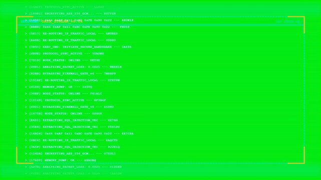 Green Digital Hacking Terminal Interface with Scrolling Command Lines and Cyber Security Data Strings for Network Analysis and Encryption