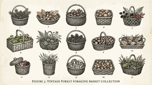 Vintage forest foraging basket collection, set of 15 hand drawn wicker baskets with mushrooms and berries, antique botanical engraving vector
