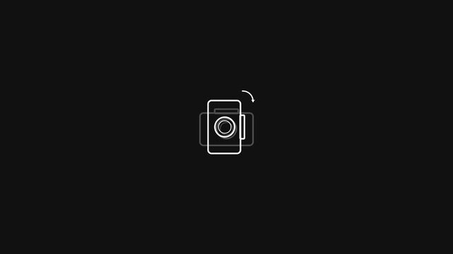 Camera rotation icon animation showing a simple outline symbol turning from landscape to portrait mode in this digital motion footage