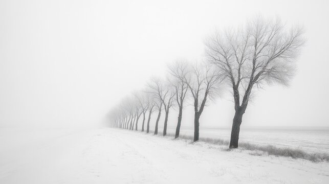 Foggy winter lane with bare trees