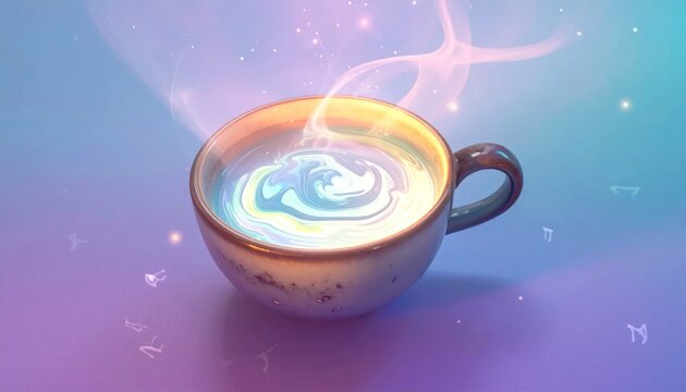 Artistic coffee cup with ethereal blue liquid swirls.