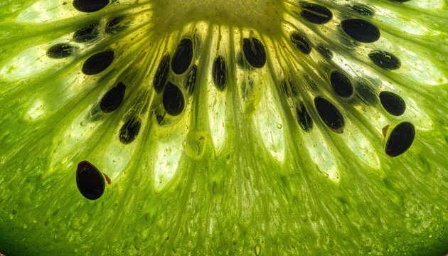 Backlit kiwi fruit slice macro showing seeds.