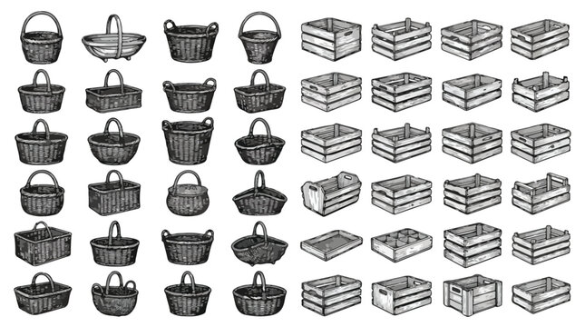 Vintage wood crates and wicker baskets set, 48 hand drawn rustic container icons, engraved wooden box and woven hamper collection for farm market branding