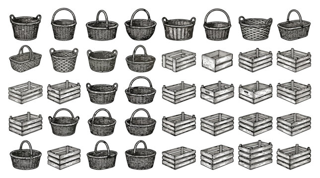Vintage wicker basket and wooden crate collection, 40 hand drawn sketch icons, rustic storage containers for farm and garden, black and white vector set