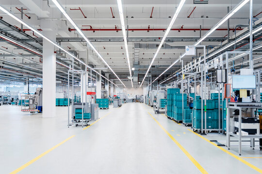 Illuminated warehouse of modern factory, Stuttgart, Germany