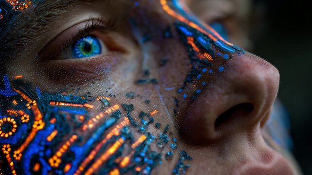 Closeup portrait of a man with vibrant digital face paint and intricate eye patterns