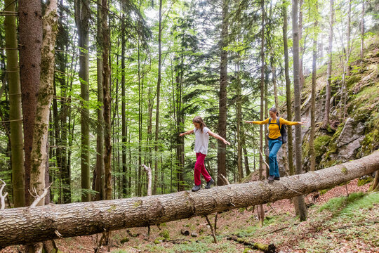 Mother and daughter balance on a log while hiking in the forest