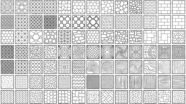 Geometric seamless pattern set, 80 vector line textures for architectural mapping, minimal black and white hatch swatches for CAD and design