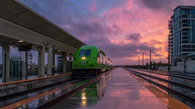 Green Train Arriving at Modern Station Platform.