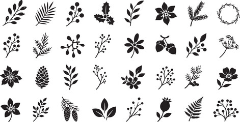 Set of black christmas botanical icons with pine branches and winter berries Vector © MdMihad