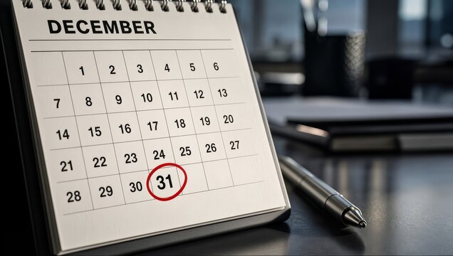December 31 deadline: desktop flip calendar for December with the date 31 circled in red marker on an office desk with a pen