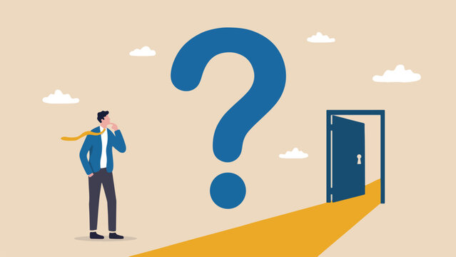 Ask yourself question process self improvement, personal development, problem solving or review and evaluation concept, curious businessman asking himself for answer with big question mark
