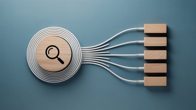 Digital search and information retrieval concept with a magnifying glass on a wooden disc connected to five wooden blocks via cables