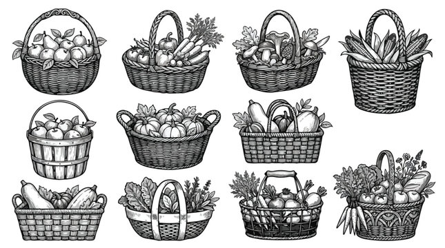 Vintage wicker basket set with organic vegetables and fruits, hand drawn rustic harvest collection, 12 engraved garden produce vector icons