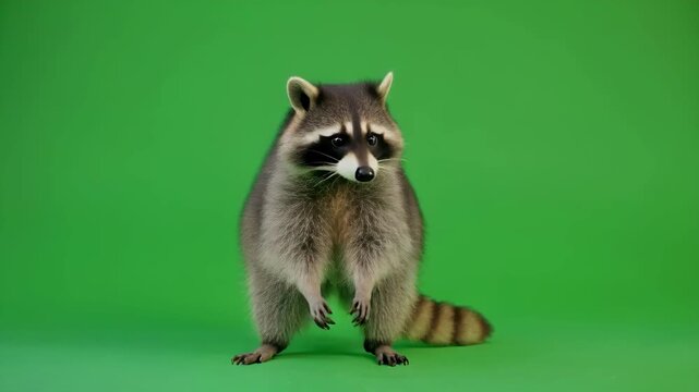 Raccoon standing in studio with green screen background cinematic motion background