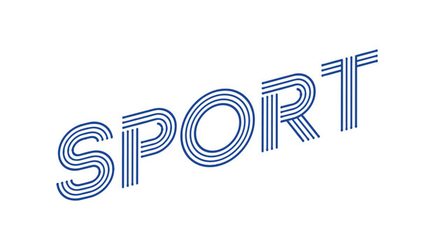 Stylish lettering of the word sport with parallel blue lines creating a modern typography design on a plain background.