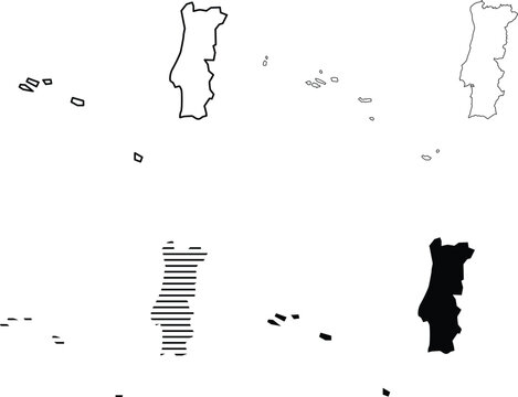 Portugal Map Collection with Outline Silhouette Striped and Solid Geographic Vector Set Including Azores and Madeira