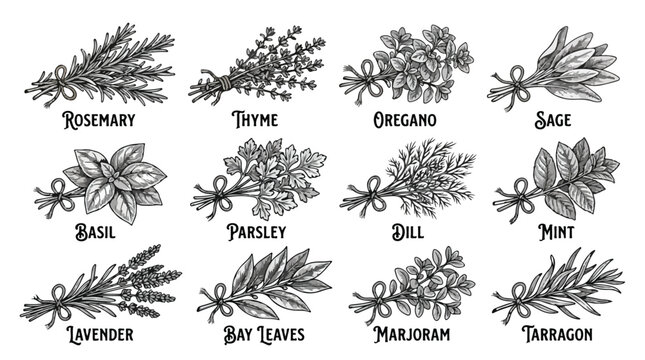 Vintage hand drawn culinary herbs collection, set of 12 botanical herb bunches with labels, black and white engraved vector illustrations for kitchen decor