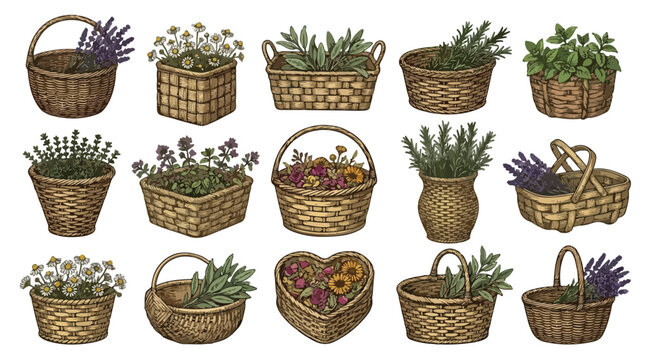 Vintage botanical herb baskets, set of 15 hand drawn wicker containers with lavender and rosemary, rustic garden harvest vector illustrations