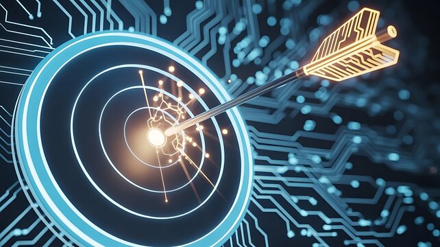 Digital target achievement concept with a glowing arrow hitting the center of a circular circuit board pattern on a dark technology background