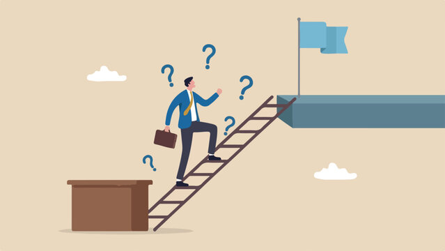 Career or success progress achieve goal, challenge and ambition concept, businessman climb up ladder from his working desk to higher level