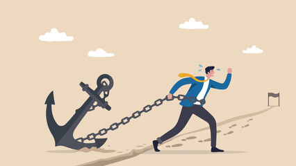 Career burden, held back or no career path in work, anchoring behavioral finance or hard work and struggle in business concept, tried stress businessman trying hard run forward with heavy anchor © Ahsan