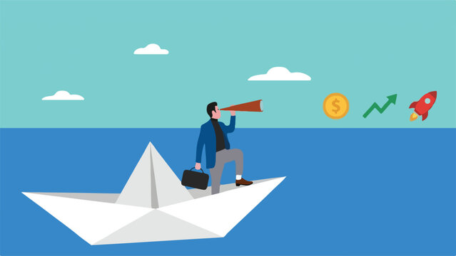 Illustration of a businessman sailing on a paper boat while scouting for business opportunities using a telescope, business opportunities