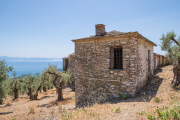 Old abandoned stone houses in a farm of olive trees overlooking the Pagasetic sea, Pelion, Greece © kokixx