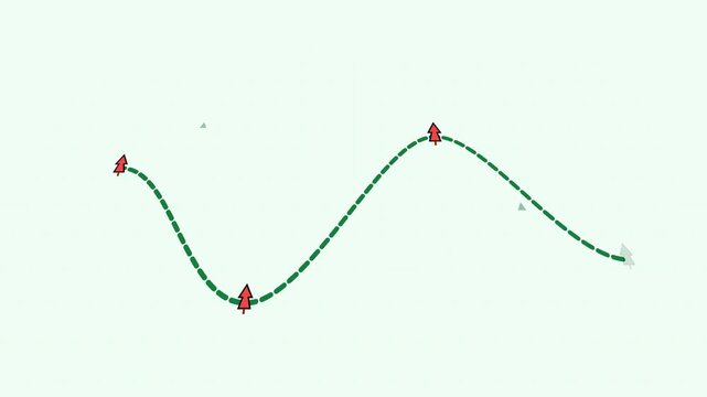 Animated path following a dotted green line with small red pine tree icons in this minimalist motion graphic video clip